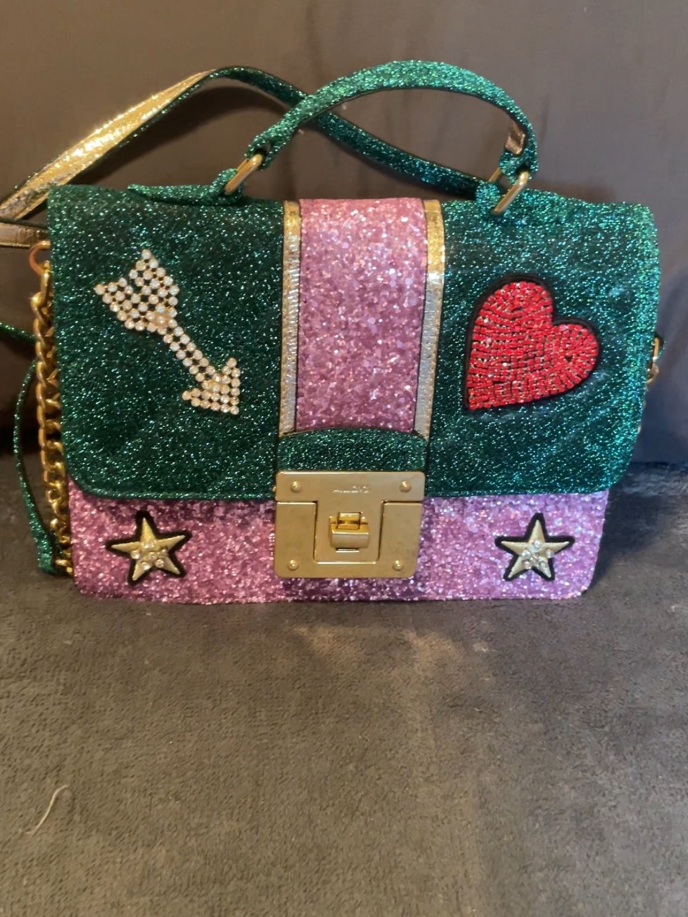 NWOT Aldo Glitter Patches Crossbody Bag Green Pink Gold